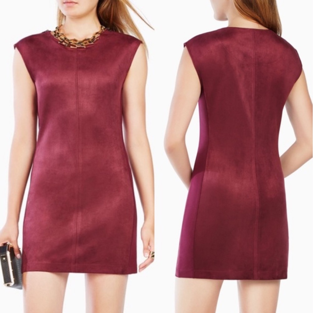 NWT! BCBG Maxazria Karlee Suede Maroon dress with Zipper Accent Sleeves